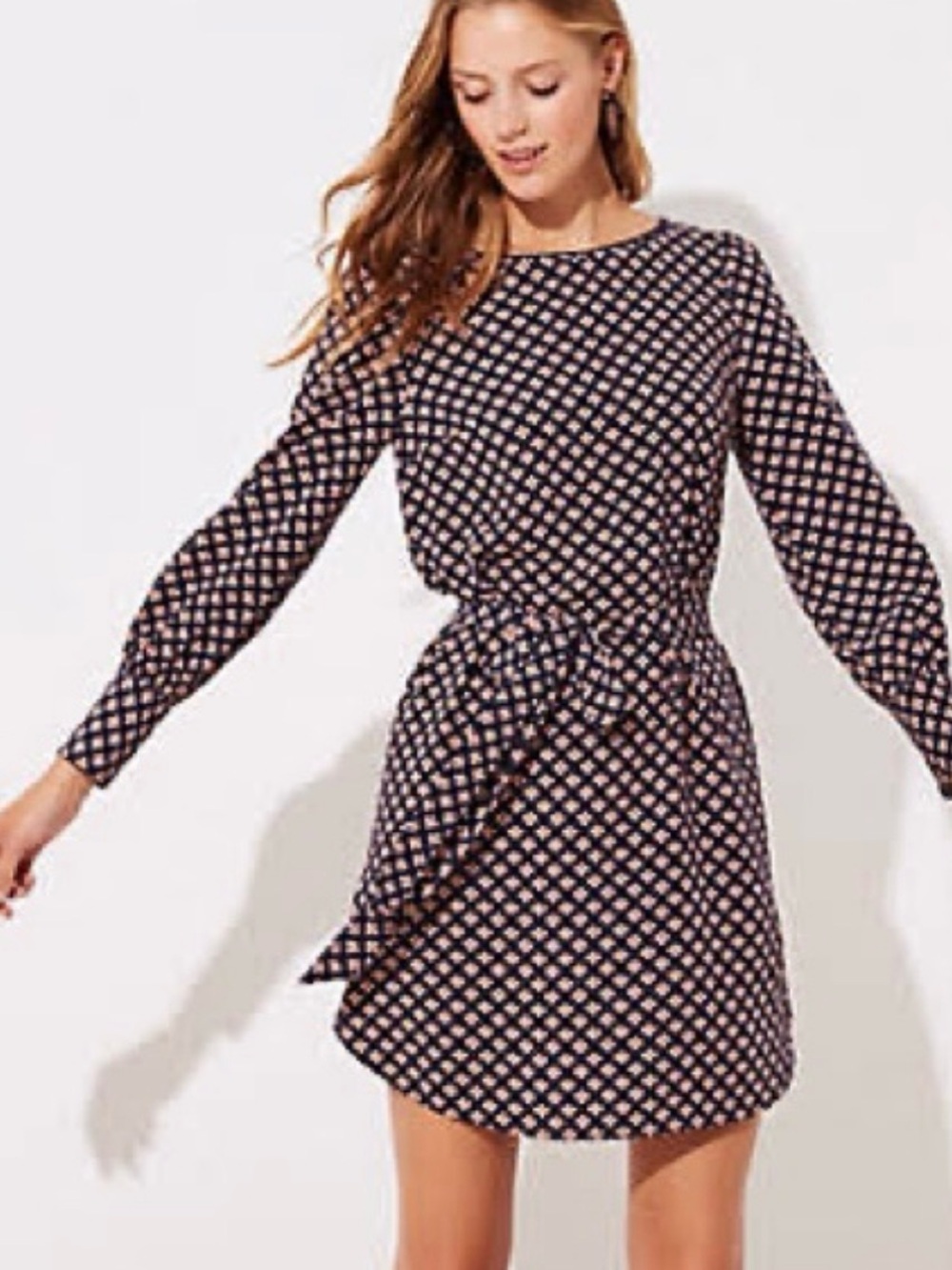 Loft Long-Sleeve Navy and Pink Printed Tie-Waist Dress